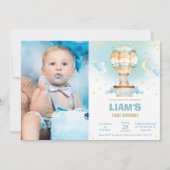 シックなホットエアバルーンテディベアボーイ誕生日写真 招待状 (正面)