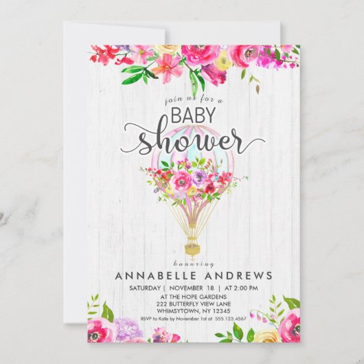 シックなホットエアバルーンベビーガールシャワー招待状 招待状 (正面)