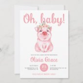 シックなホットピンクの小さな豚の赤ちゃん女の子の赤ちゃんシャワー 招待状 (正面)
