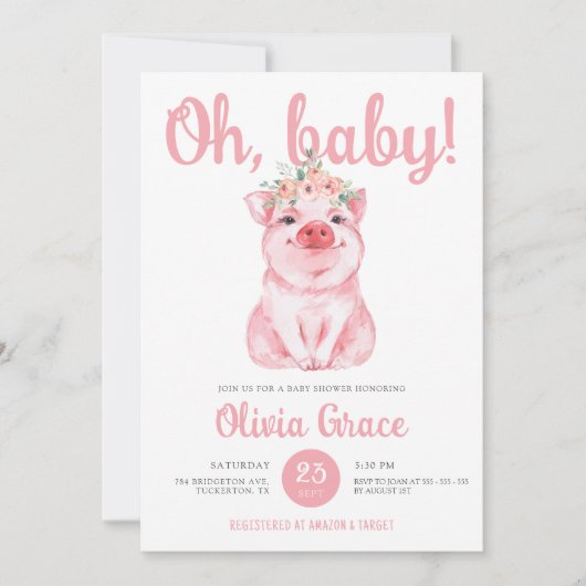 シックなホットピンクの小さな豚の赤ちゃん女の子の赤ちゃんシャワー 招待状 (正面)