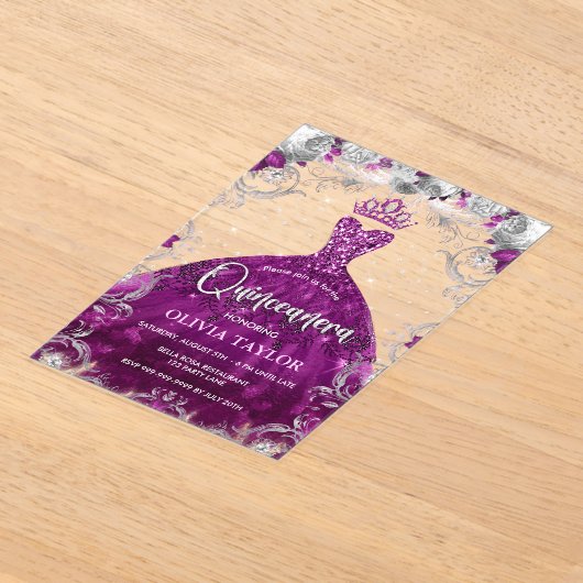 シックなホットピンクの明るい赤紫色ドレスフローラキンセアニェラ アクリル招待状 (レイダウン)