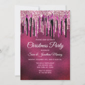 シックなホットピンクの黒のドリッピンググリッタークリスマス 招待状 (正面)
