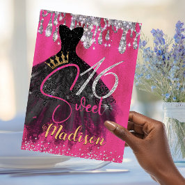 シックなホットピンクシルバーグリッタードリップスウィート16 招待状
