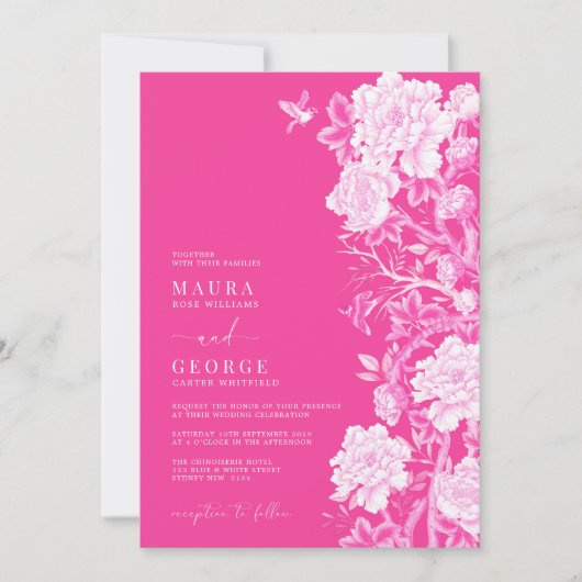 シックなホットピンクチノワジェリーフラワーガーデン結婚ズ 招待状 (正面)