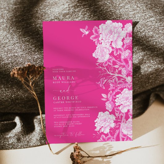 シックなホットピンクチノワジェリーフラワーガーデン結婚ズ 招待状