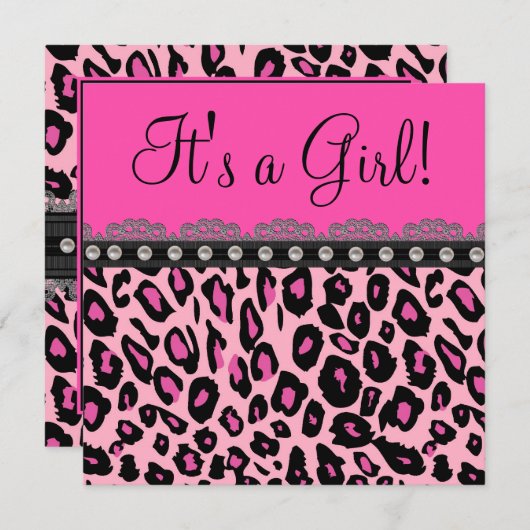 シックなホットピンクヒョウ赤ちゃんシャワー 招待状 (正面/裏面)