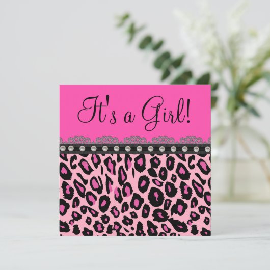 シックなホットピンクヒョウ赤ちゃんシャワー 招待状 (スタンド正面)