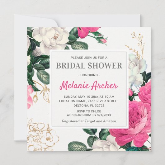 シックなホットピンクブライダルシャワー水の色牡丹バラ 招待状 (正面)