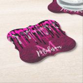 シックなホットピンクブラックグリッタードリップモノグラム ペーパーコースター (アングル)