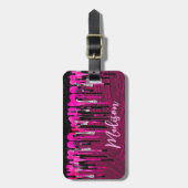 シックなホットピンクブラックグリッタードリップモノグラム ラゲッジタグ (正面縦)