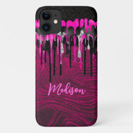 シックなホットピンクブラックグリッタードリップモノグラム iPhone 11 ケース