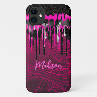 シックなホットピンクブラックグリッタードリップモノグラム iPhone 11 ケース