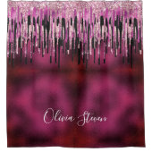 シックなホットピンクブラックドリッピンググリッターモノグラム シャワーカーテン (正面)