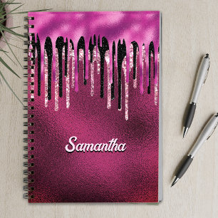 シックなホットピンクブラックドリッピンググリッターモノグラム ノートブック