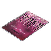 シックなホットピンクブラックドリッピンググリッターモノグラム ノートブック (左側)