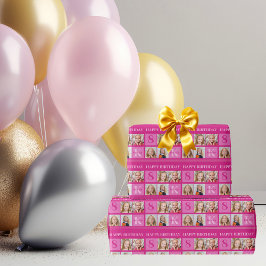 シックなホットピンク誕生日ガールカスタムフォトコラージュ ラッピングペーパー