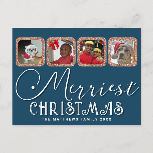 シックなホリデーフォトスクリプトバラ金ゴールドブルークリスマス ポストカード (正面)