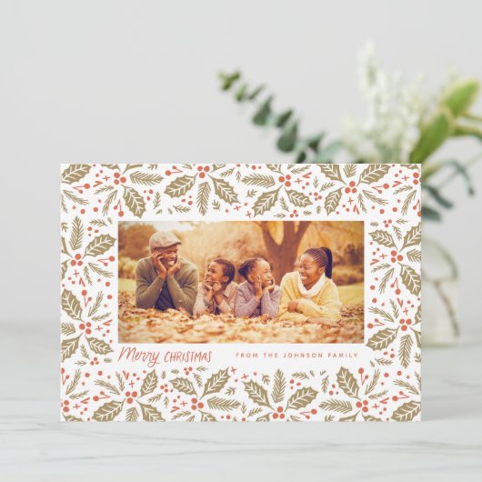 シックなホリーフレームフォトクリスマス シーズンカード (スタンド正面)