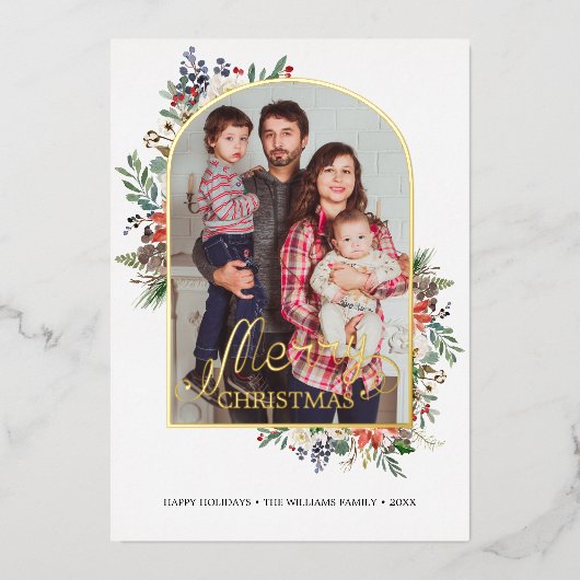 シックなホリーベリーアーチフレーム写真年レビュー 箔シーズンカード (正面)