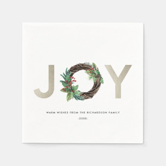 シックなホリーベリーグリーンシルバージョイリースクリスマス スタンダードカクテルナプキン (正面)
