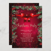 シックなホリーベリーレッドボウカンパニークリスマスパーティー 招待状 (正面/裏面)