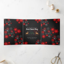 シックなホレッドバーガンディ雪の結晶クリスマスニューイヤー 三つ折り招待状