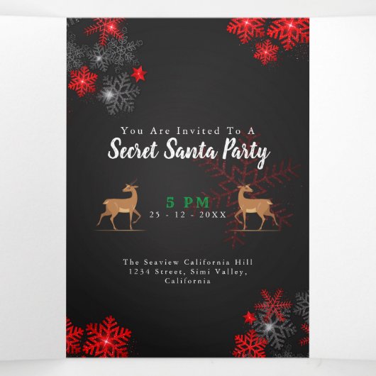 シックなホレッドバーガンディ雪の結晶クリスマスニューイヤー 三つ折り招待状 (内部中)