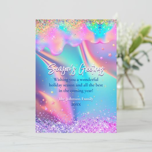 シックなホログラフィックはクリスマスの新年の挨拶をドリップ カード (スタンド正面)