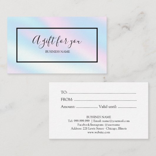 シックなホログラフィックギフト証明書のためのギフト 名刺 (正面/裏面)