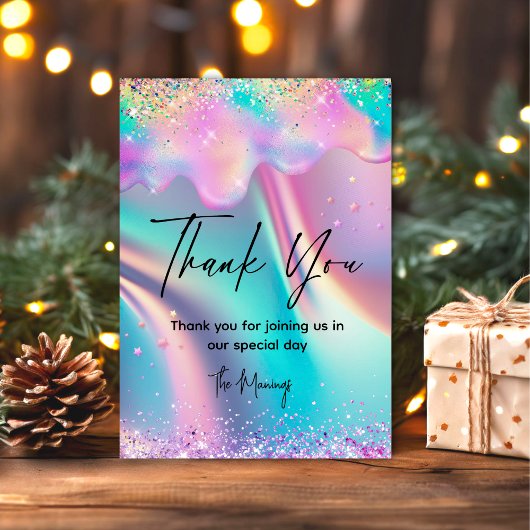 シックなホログラフィックユニコーンのドリップ感謝していグリッターユー カード