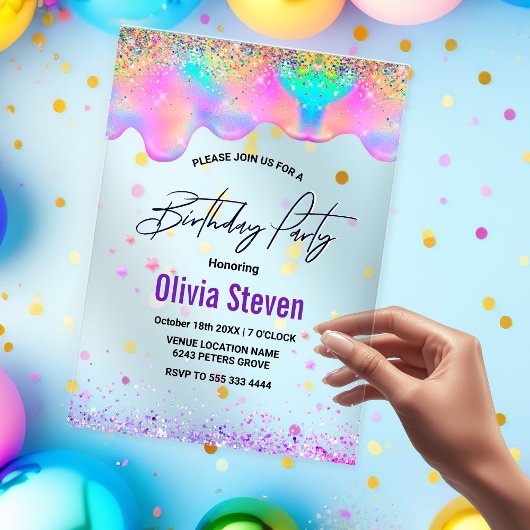 シックなホログラフィックユニコーンは誕生日モノグラムをドリップ アクリル招待状