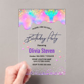 シックなホログラフィックユニコーンは誕生日モノグラムをドリップ アクリル招待状 (インサイチュ (ポータブル))