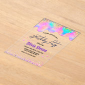 シックなホログラフィックユニコーンは誕生日モノグラムをドリップ アクリル招待状 (レイダウン)