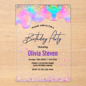 シックなホログラフィックユニコーンは誕生日モノグラムをドリップ アクリル招待状 (正面)