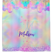 シックなホログラフィックユニコーン滴下グリッターモノグラム シャワーカーテン (正面)