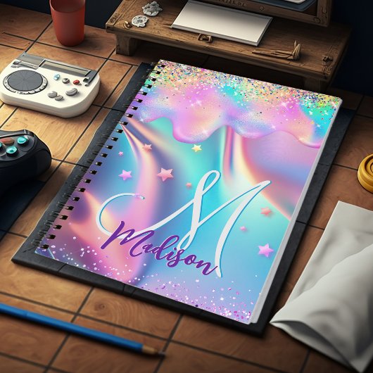 シックなホログラフィックユニコーン滴下グリッターモノグラム ノートブック