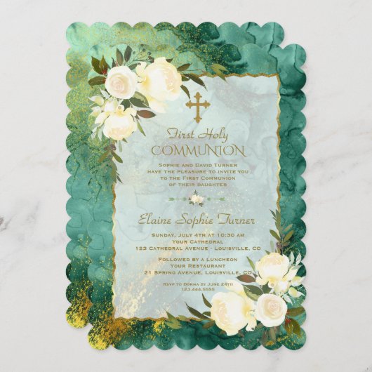 シックなホワイトクリームフラワーズ金ゴールドファーストホーリーコミュニオン 招待状 (正面/裏面)