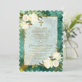 シックなホワイトクリームフラワーズ金ゴールドファーストホーリーコミュニオン 招待状 (スタンド正面)