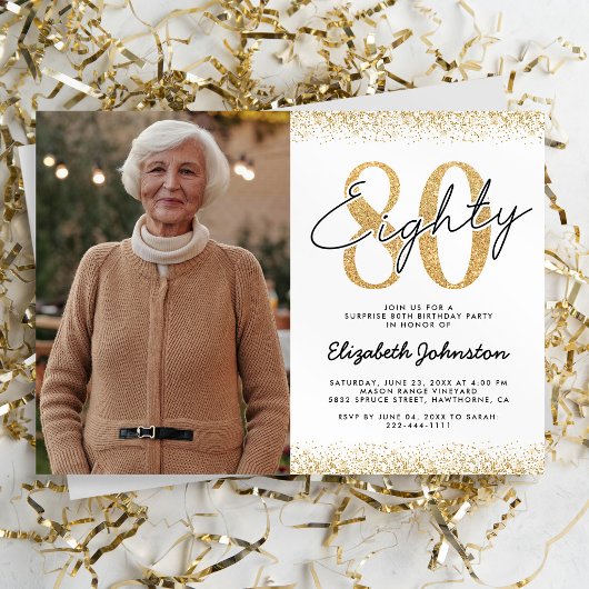 シックなホワイトゴールドの80歳の誕生日フォト招待状 招待状