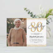シックなホワイトゴールドの80歳の誕生日フォト招待状 招待状 (スタンド正面)