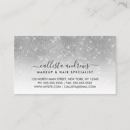 シックなホワイトシルバーグラデーショングリッターメイクアップヘアサロン 名刺 (裏面)