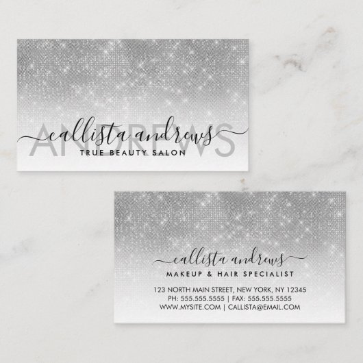 シックなホワイトシルバーグラデーショングリッターメイクアップヘアサロン 名刺 (正面/裏面)