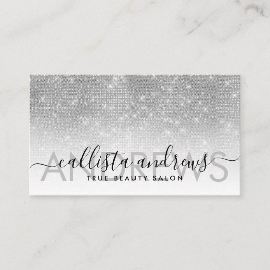 シックなホワイトシルバーグラデーショングリッターメイクアップヘアサロン 名刺 (正面)
