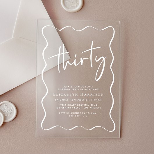 シックなホワイトスクリプトウェーブフレーム30th誕生日パーティー アクリル招待状
