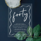シックなホワイトスクリプトウェーブフレーム40th誕生日パーティー アクリル招待状