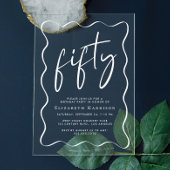 シックなホワイトスクリプトウェーブフレーム50th誕生日パーティー アクリル招待状