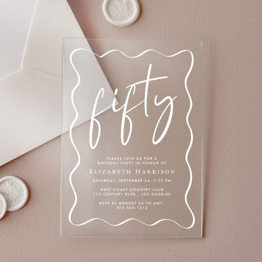 シックなホワイトスクリプトウェーブフレーム50th誕生日パーティー アクリル招待状
