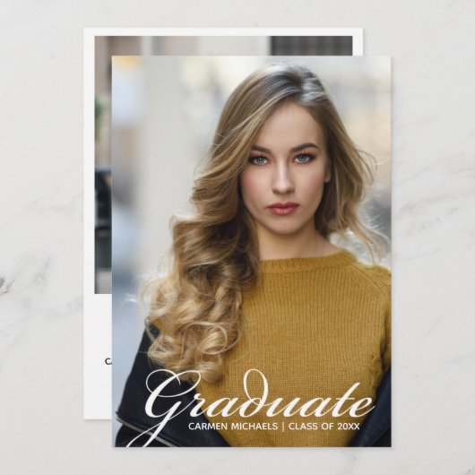 シックなホワイトスクリプトオーバーレイ大学院写真 案内状 (正面/裏面)