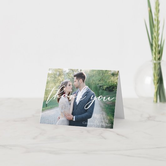 シックなホワイトスクリプトオーバーレイ結婚の写真ありがとうありがとう サンキューカード (正面)