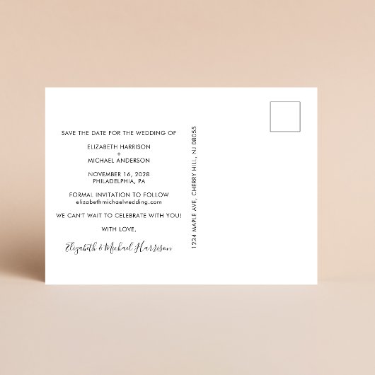 シックなホワイトスクリプトフォトウェディング日付を保存 案内ポストカード